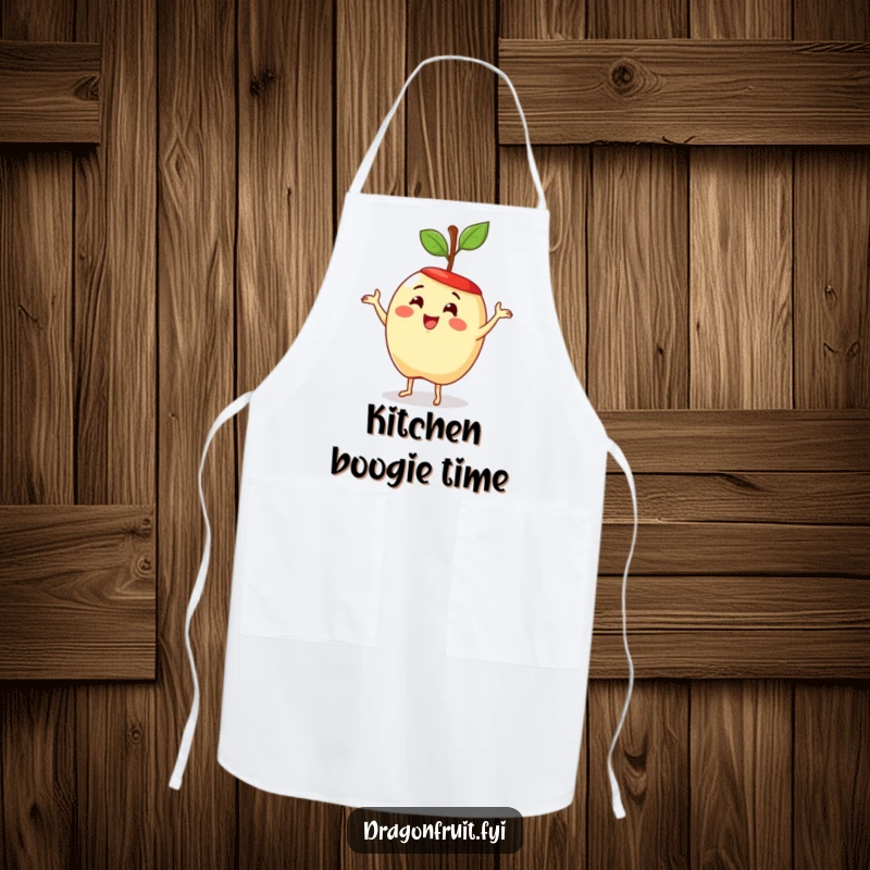 Funny apron showing a delighted apple with a stem hat, dancing playfully. Practical and humorous fruit kitchen wear.