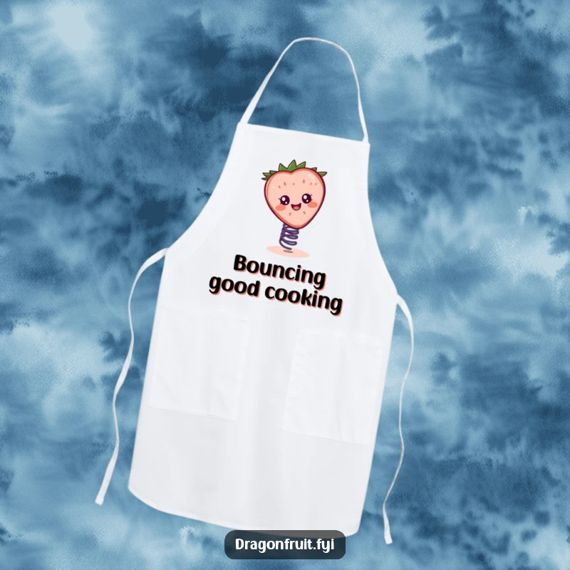 Funny apron showing a cheerful strawberry slice character bouncing on a spring, perfect for adding playful charm to cooking.