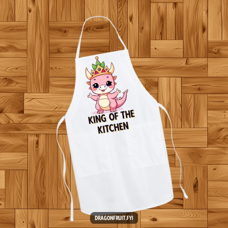Funny apron featuring a dragonfruit wearing a crown, striking a proud and silly pose, designed for regal kitchen fun.