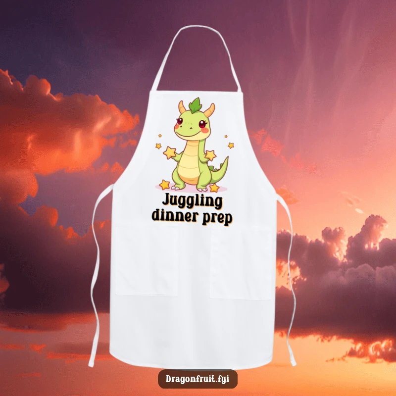 Funny apron showing a playful dragonfruit character with legs juggling starfruit, perfect for kitchen protection and tropical humor.