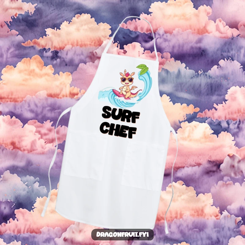 Funny Apron: A dragonfruit character in sunglasses surfing a wave, ideal for keeping clothes clean and bringing a cool, tropical vibe to the kitchen.