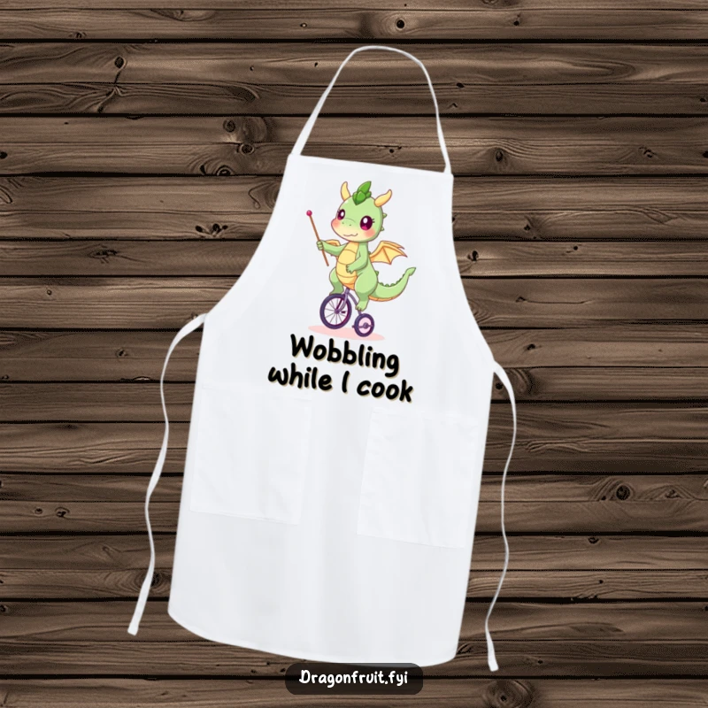 Funny dragonfruit apron, character balancing on a tiny unicycle, waving a flag, a whimsical and practical kitchen item.