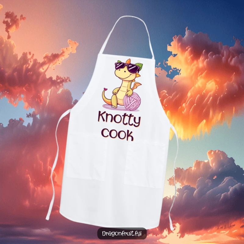Funny apron with a dragonfruit in oversized sunglasses, tripping over a giant yarn ball, adding playful mischief to kitchen activities.