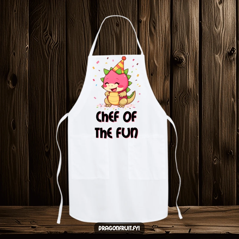 Funny apron with a giggling dragonfruit wearing a party hat and confetti, for humorous kitchen parties.