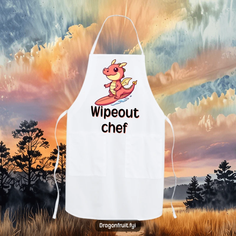 Funny apron showing a laughing dragonfruit character surfing a banana slice surfboard, perfect for tropical themed cooking.