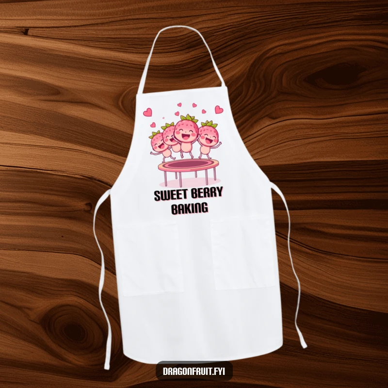 Funny giggling raspberry bunch apron, bouncing on a trampoline, kitchen wear designed for humorous culinary adventures.