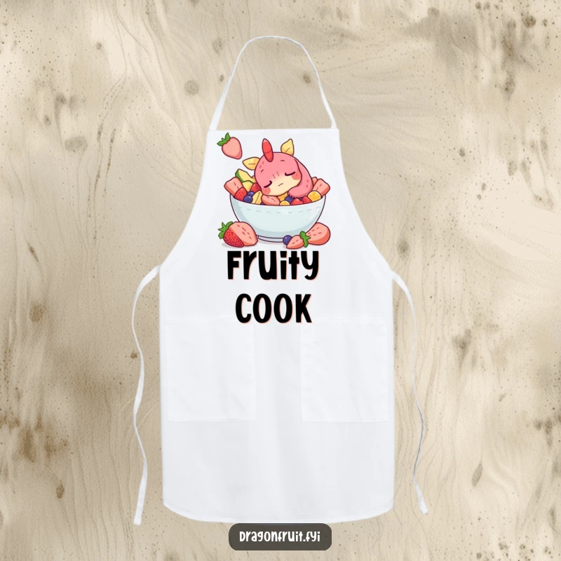 Funny apron showing a sleepy dragonfruit character snoozing in a fruit salad, adding whimsy and protection to cooking.