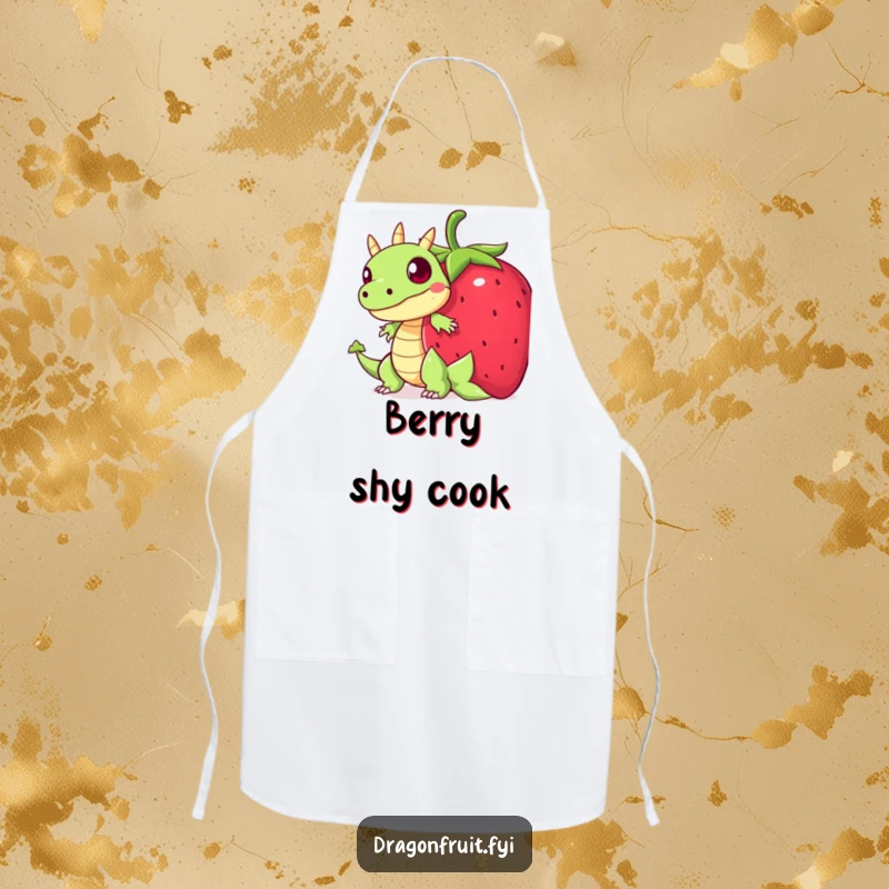 Funny apron showing a startled dragonfruit character hiding behind a giant strawberry, perfect for humorous kitchen activities.
