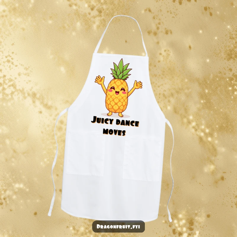 Funny apron depicts a cheerful pineapple character doing a silly dance with raised arms, bringing party vibes to the kitchen.