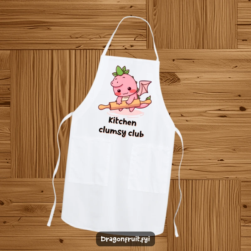 Funny apron featuring a blushing dragonfruit character tripping over a rolling pin, perfect for humorous cooking sessions.
