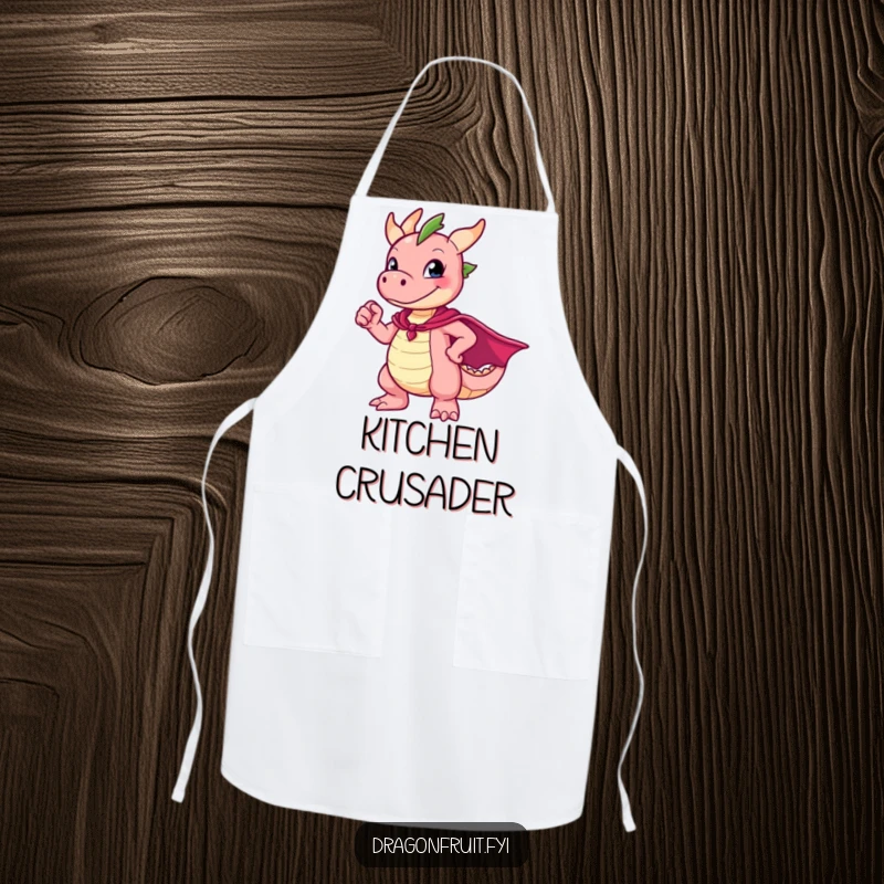 Funny Dragonfruit Apron with a character in a superhero cape striking an awkward pose, ideal for kitchen duty.