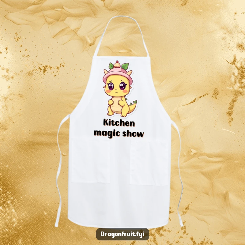 Funny apron with a surprised dragonfruit character as a cupcake pops from a hat, ideal for bakers who love whimsical surprises.