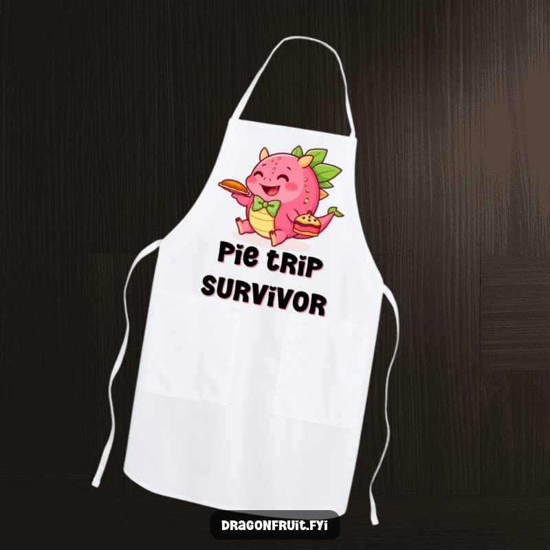 Funny apron features a happy dragonfruit in a bowtie tripping while holding a pie, a humorous and practical kitchen accessory.