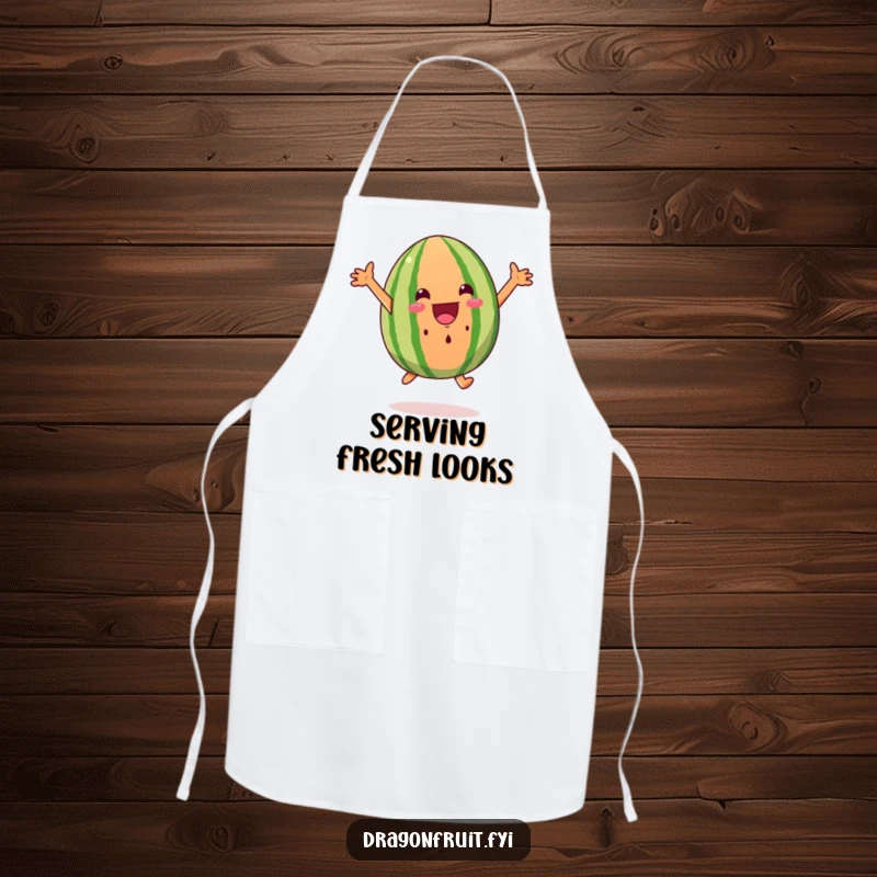 Funny watermelon wedge apron, excited and leaping with arms outspread, kitchen wear with a humorous twist.
