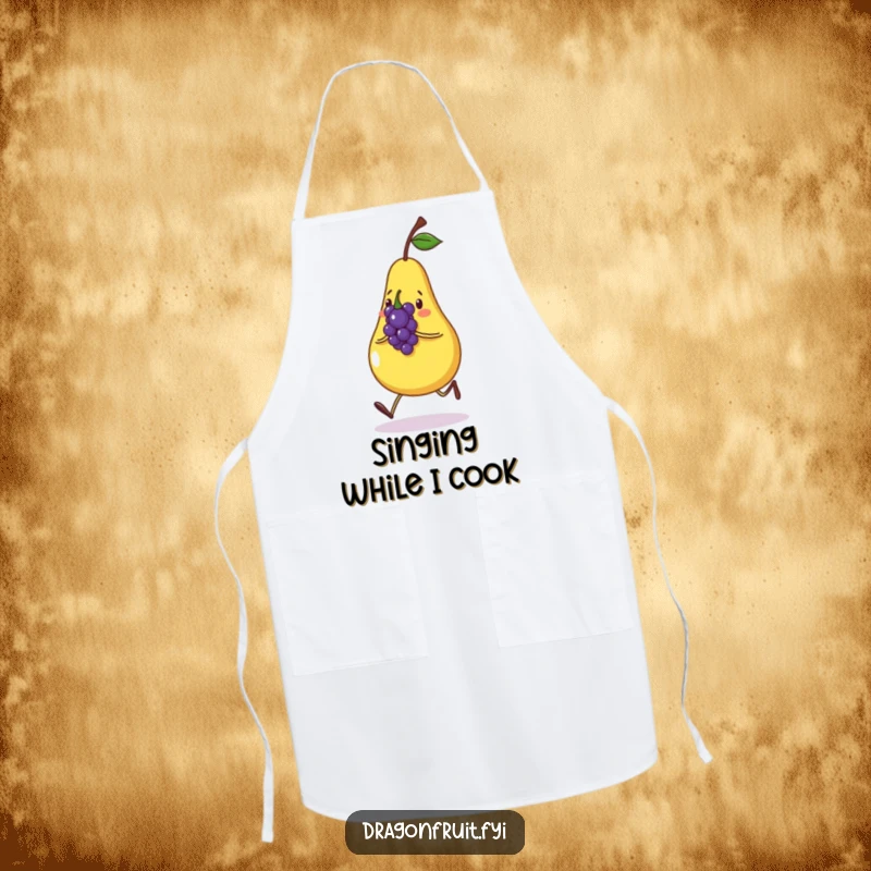 Funny apron showing a cheerful pear skipping with a small, singing grape. Practical and humorous fruit kitchen wear.