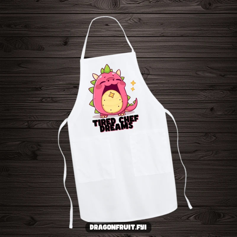 Funny dragonfruit apron, yawning character with mouth wide open, blowing a tiny star-shaped bubble, cute and functional.