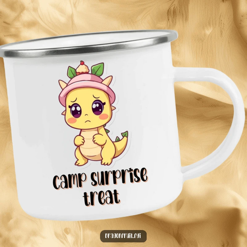 Funny camping mug with a surprised dragonfruit character as a cupcake pops from a hat, perfect for outdoor enthusiasts who love whimsical surprises.
