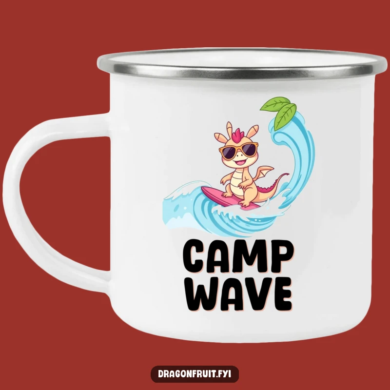 Funny Dragonfruit Surfer Camping Mug: Adventure with Cool Tropical Art