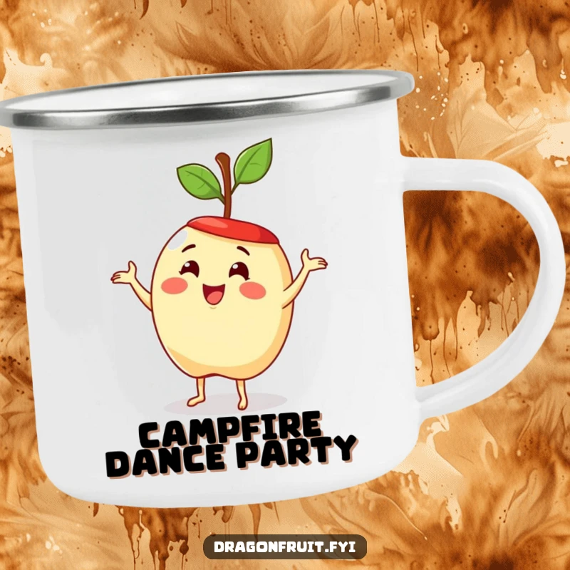 Funny camping mug with a delighted apple doing a silly dance. Durable and humorous fruit drinkware.