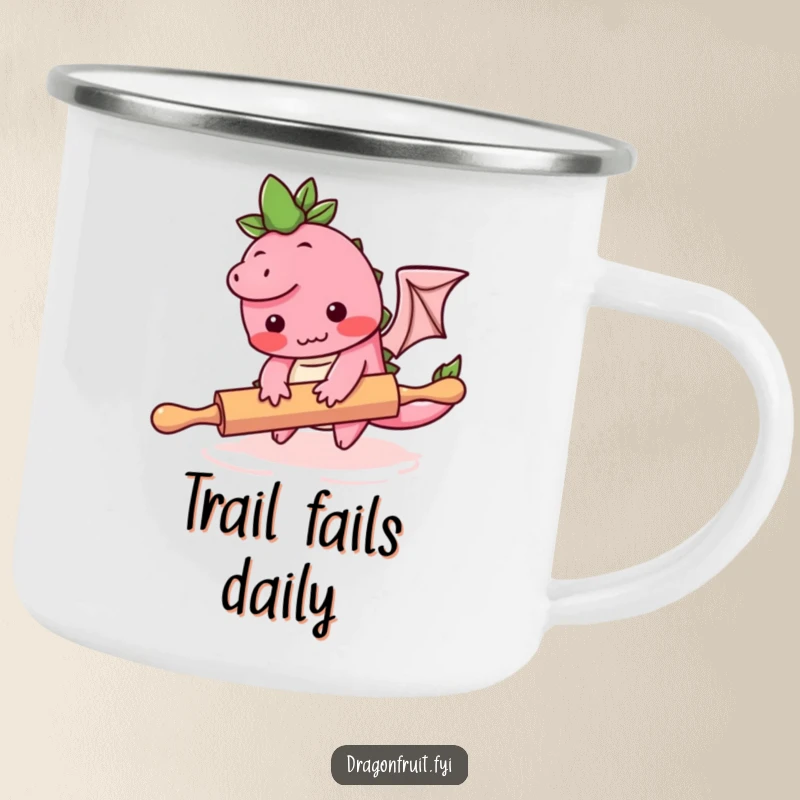 Funny camping mug showing a shy dragonfruit character tripping over a rolling pin, perfect for humorous outdoor sipping.