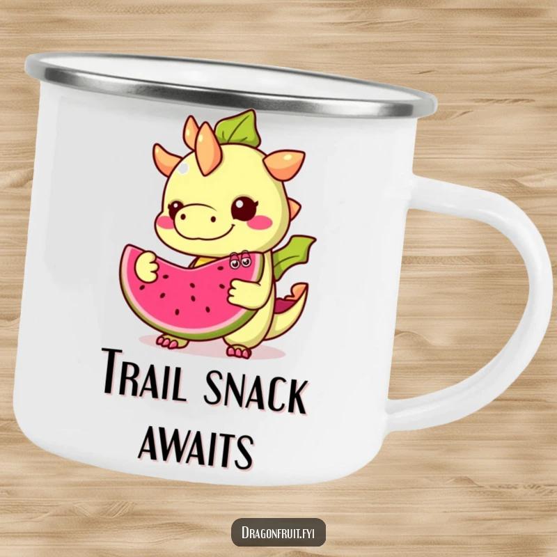 Funny Dragonfruit Camping Mug: A mischievous dragonfruit with googly eyes offers a slice, perfect for outdoor enjoyment and laughs.