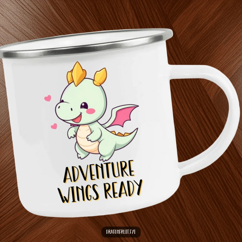 Funny camping mug with a delighted dragonfruit character with small wings attempting flight, ideal for outdoor enthusiasts.