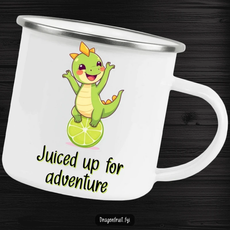 Funny dragonfruit character handstanding on a lime, designed for a durable and humorous camping mug.