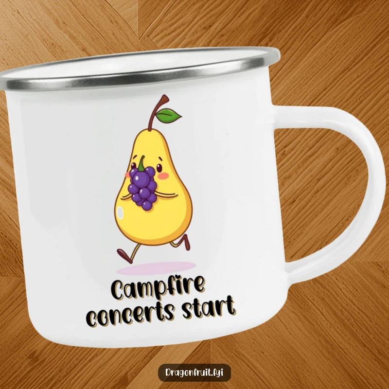 Funny camping mug with a happy pear skipping alongside a singing grape. Durable and humorous fruit drinkware.