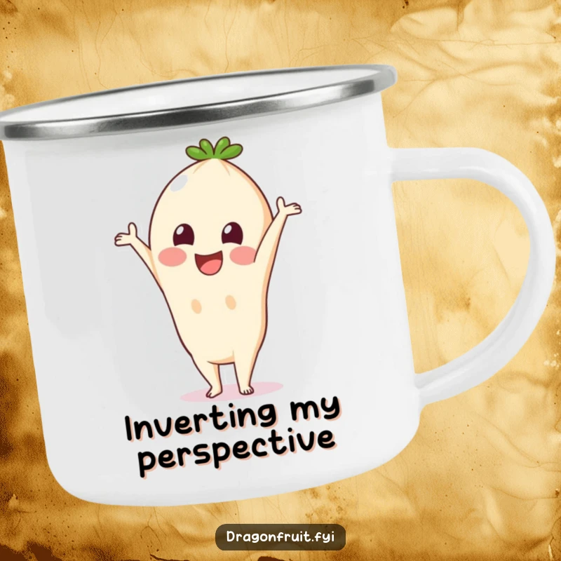 Funny Pitaya Camping Mug: A pitaya fruit smiling in a handstand, perfect for outdoor adventures and humorous hydration.