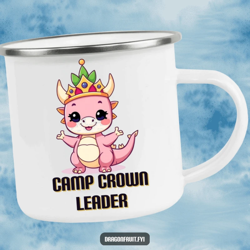 Funny camping mug featuring a dragonfruit wearing a crown, striking a proud and silly pose, perfect for regal outdoor adventures.