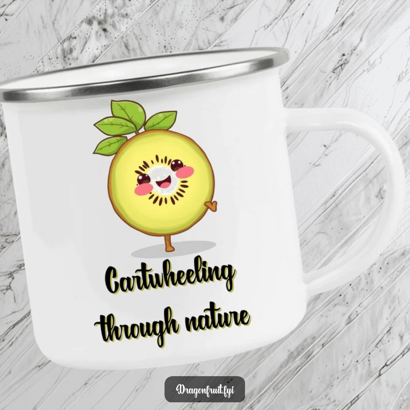 Funny camping mug featuring a smiling kiwi slice doing a confident cartwheel, ideal for enjoying drinks outdoors.