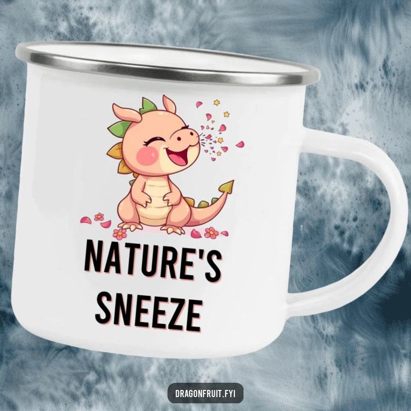 Funny camping mug featuring a dragonfruit comically sneezing a shower of tiny flower petals, perfect for outdoor floral fun.