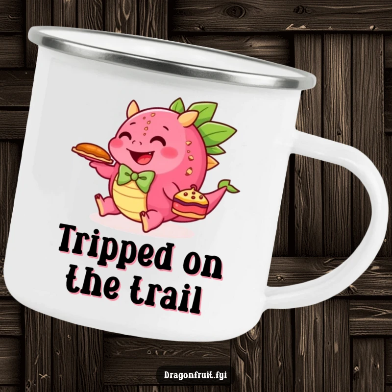 Funny camping mug with a dragonfruit chef tripping with a pie, perfect for outdoor humor.