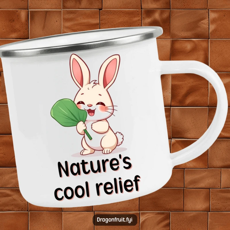Funny Bunny Rabbit Fan Camping Mug featuring a giggling rabbit fanning itself with a large leaf, for hot beverages.