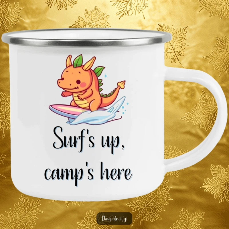 Funny determined dragonfruit character surfing a miniature wave on a surfboard, a sturdy and humorous camping mug.