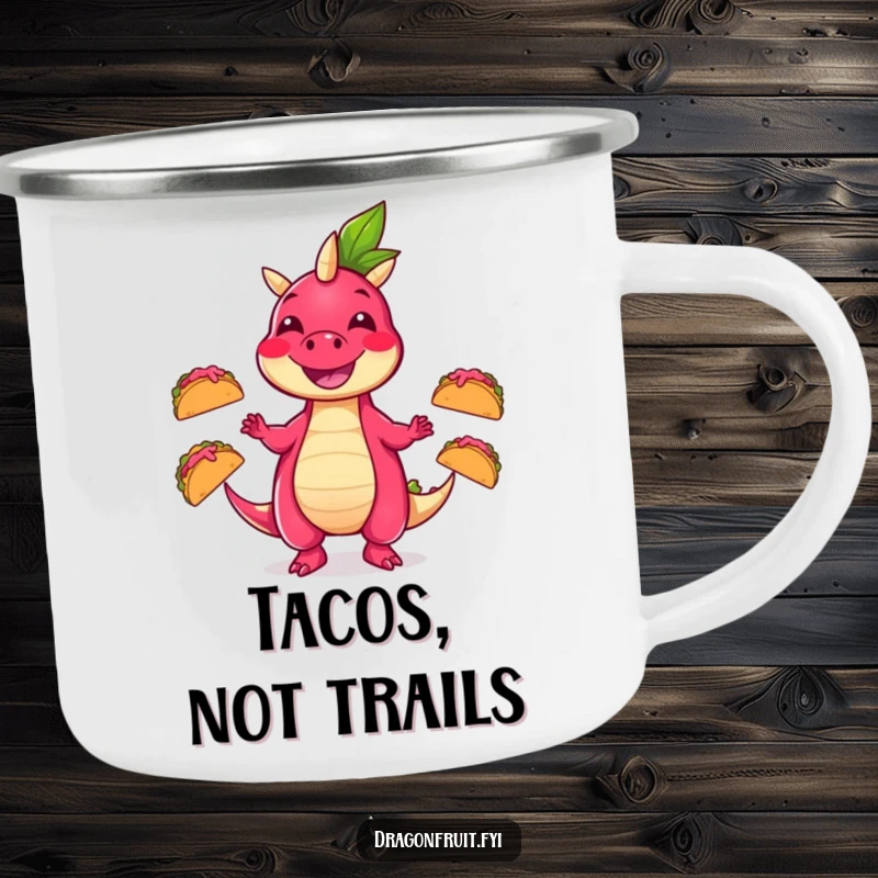 Funny camping mug with a smiling dragonfruit character juggling three tiny dancing tacos, perfect for outdoor enthusiasts.