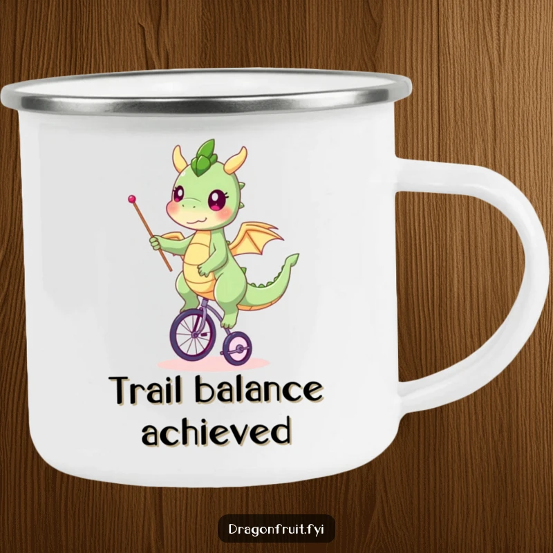 Funny dragonfruit camping mug, character balancing on a tiny unicycle, waving a flag, durable and cheerful.