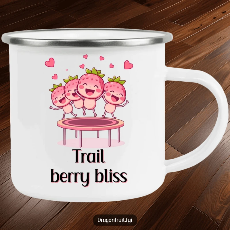 Funny giggling raspberry bunch camping mug, bouncing on a trampoline, durable and humorous drinkware for outdoor fun.