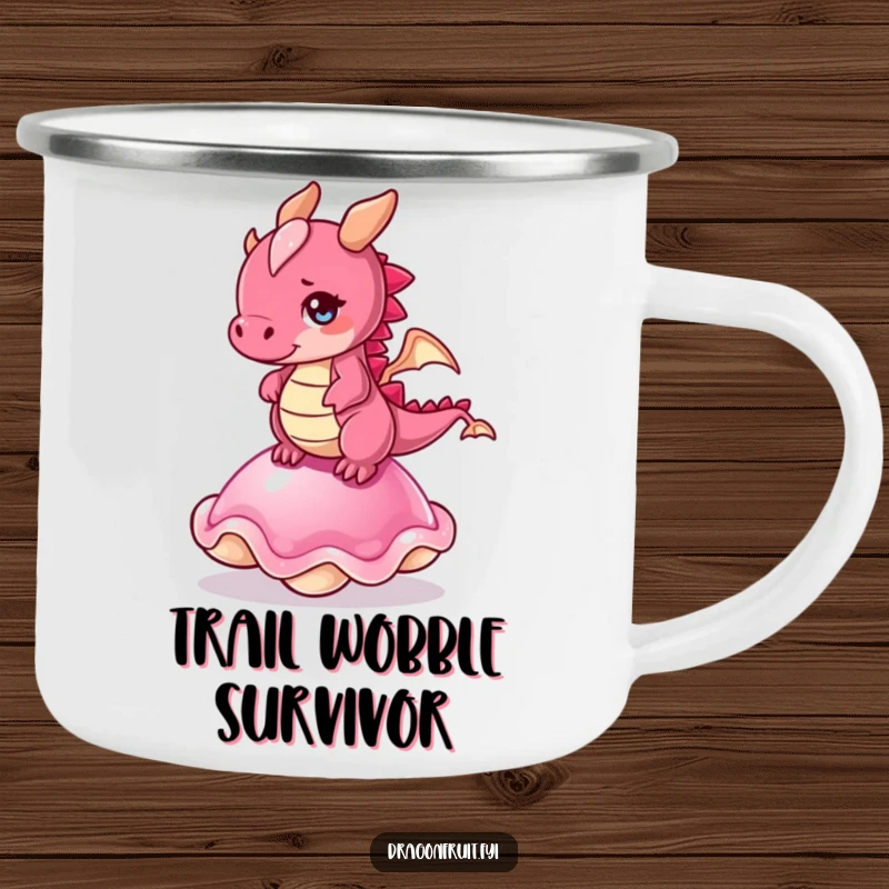 Funny camping mug: a dragonfruit character comically trying to balance on a jelly, ready for outdoor adventures.