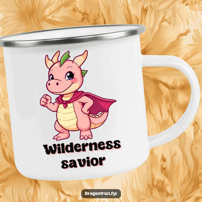 Funny Dragonfruit Camping Mug depicting a character in an awkward superhero pose, designed for outdoor adventures and fun.