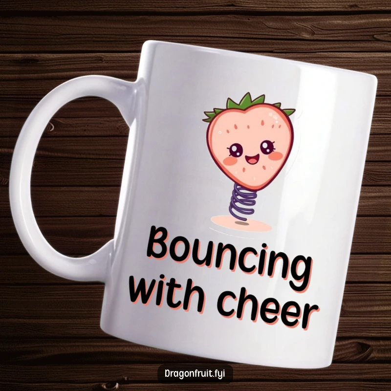 Funny mug showcasing a cheerful strawberry slice with big eyes playfully bouncing on a small spring, radiating joy.