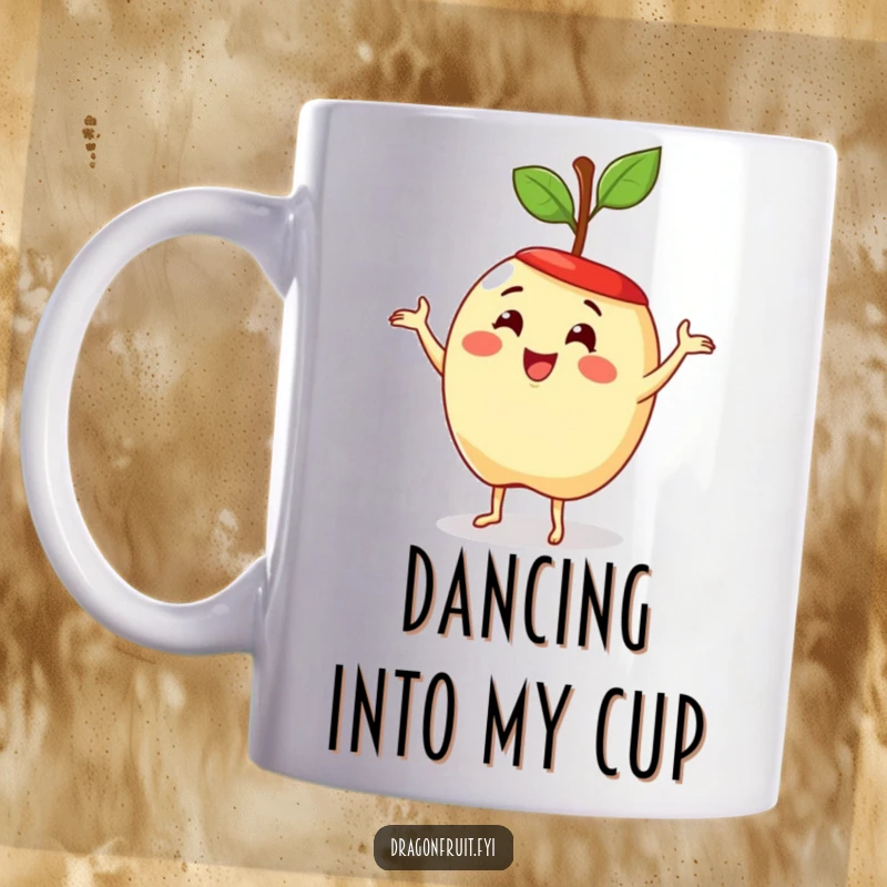 Funny mug featuring a delighted apple wearing a stem hat, enthusiastically doing a silly dance. Joyful fruit character.