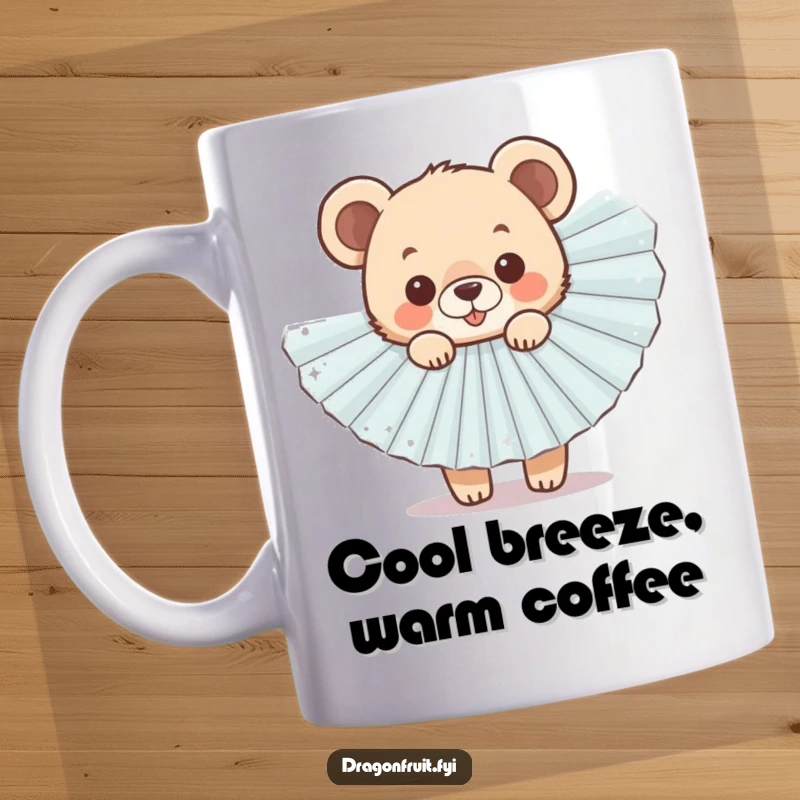 Funny Bear Cub Fan Mug featuring a cheerful cub peeking playfully from behind a large, sparkly fan.