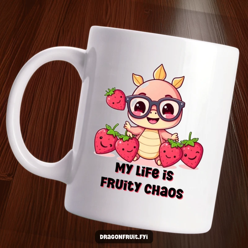 Funny mug showing a tiny dragonfruit with big glasses, skillfully juggling three smiling strawberries with a cheerful expression.