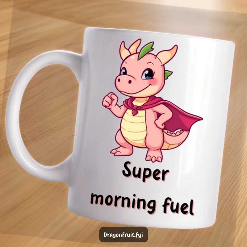 Funny Dragonfruit Mug showing a character in a cape striking a heroic pose that's hilariously awkward and endearing.