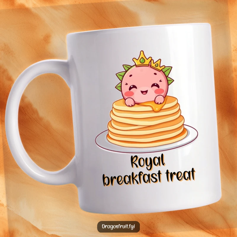 Funny Dragonfruit Pancake Mug: A dragonfruit character wearing a crown sits atop pancakes, a symbol of delightful, royal mornings.