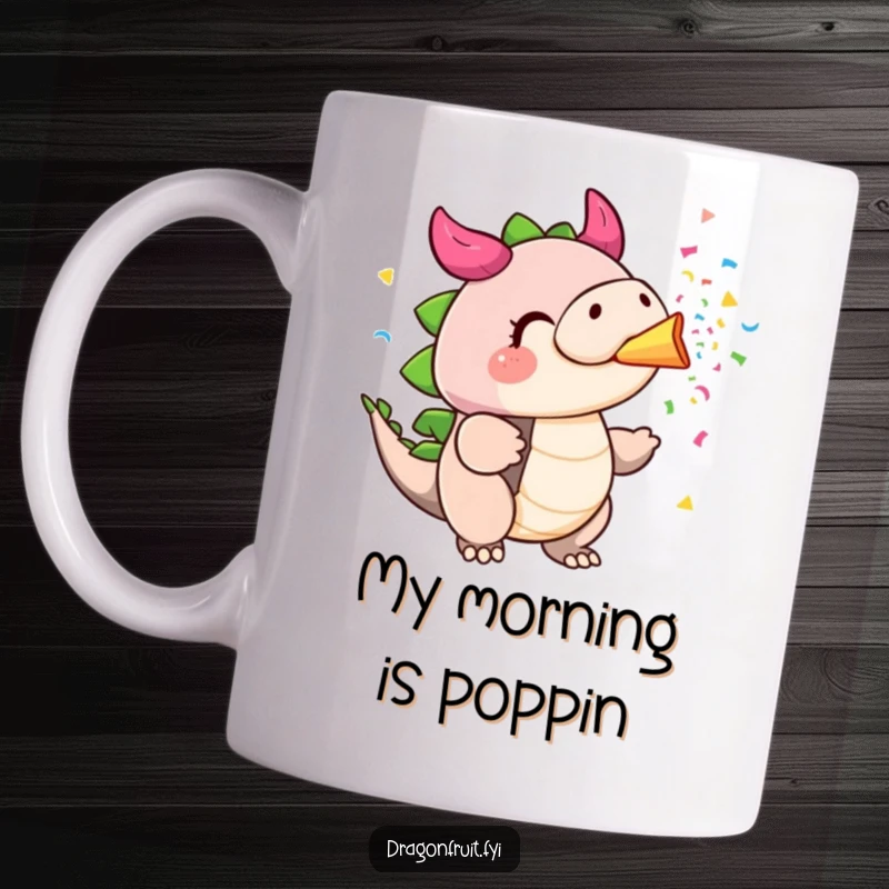 Funny dragonfruit mug with puffed cheeks blowing colorful confetti from its stem, celebrating joyfully like a party horn.
