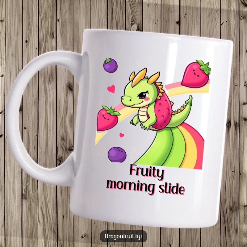 Funny mischievous dragonfruit sliding down a colorful rainbow made of assorted fruits on a ceramic mug.