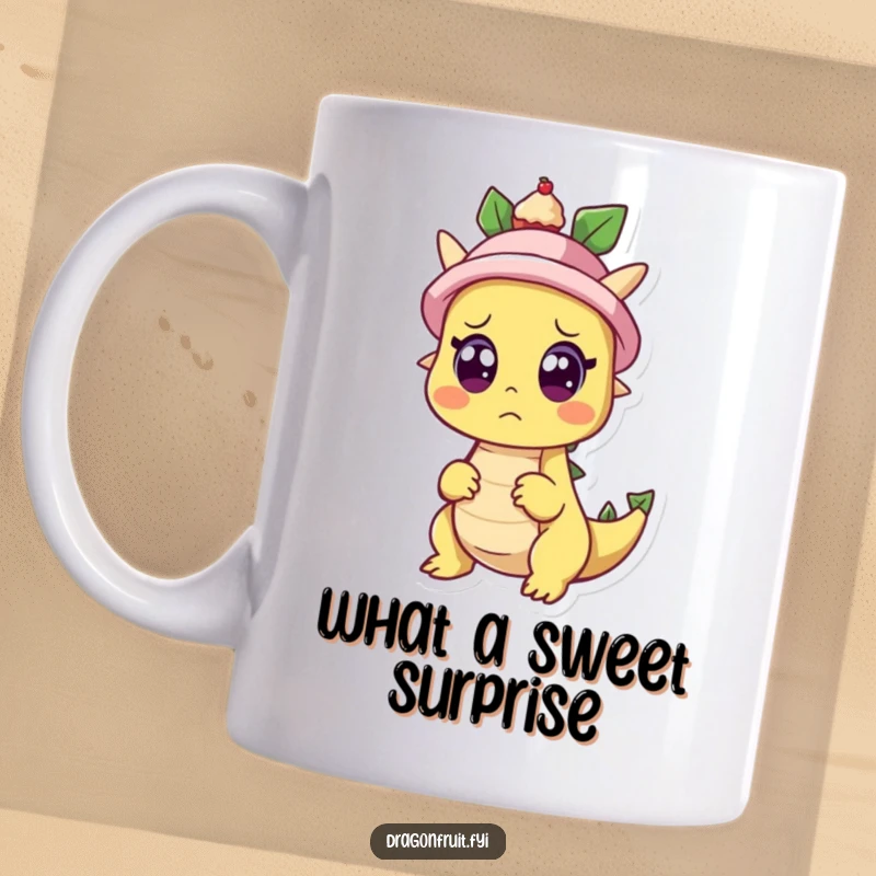 Funny mug with a dragonfruit character looking utterly surprised, eyes wide, as a tiny cupcake pops out of a hat, symbolizing shock and delight.