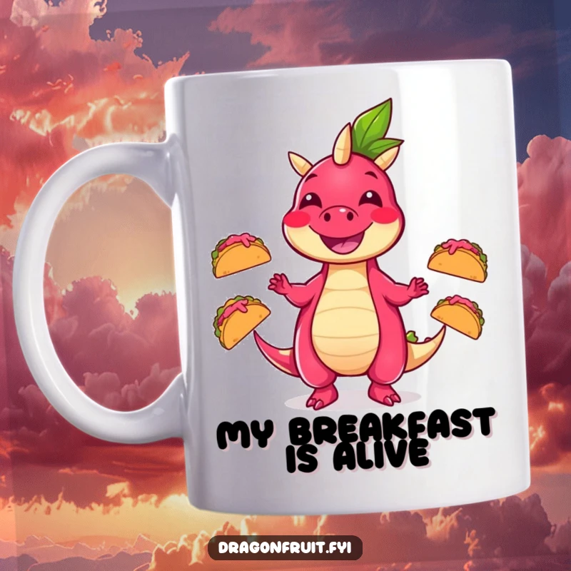 Funny mug showing a happy dragonfruit character joyfully juggling three small, dancing tacos, perfect for taco Tuesday fans.